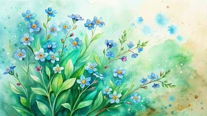 Charming Forget-Me-Nots Watercolor Painting - Mint Green & Peach Hues