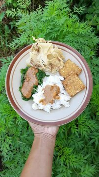 Traditional food pecel rice, tempe, peyek
