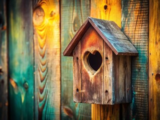 Charming Rustic Birdhouse with Heart-Shaped Entrance - Macro Detail Stock Photo