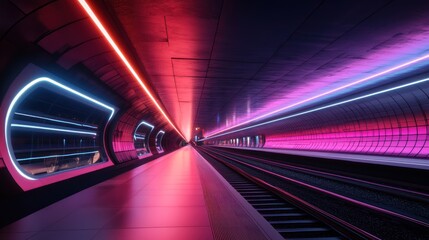 Futuristic subway station illuminated with vibrant neon lights and sleek design