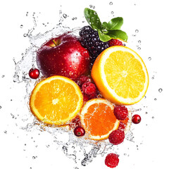 Vivid Artistic Fusion II Energetic Blend of Orchard Fruit and Water Splash Isolated on Transparent Background