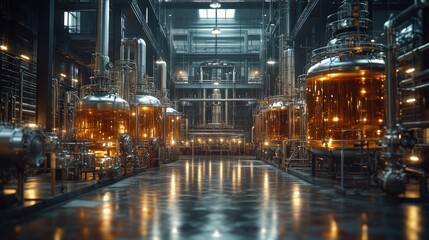 Industrial Brewery Interior: Golden Liquid in Steel Tanks