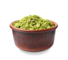 Superfood product. Pumpkin seeds powder in bowl isolated on white