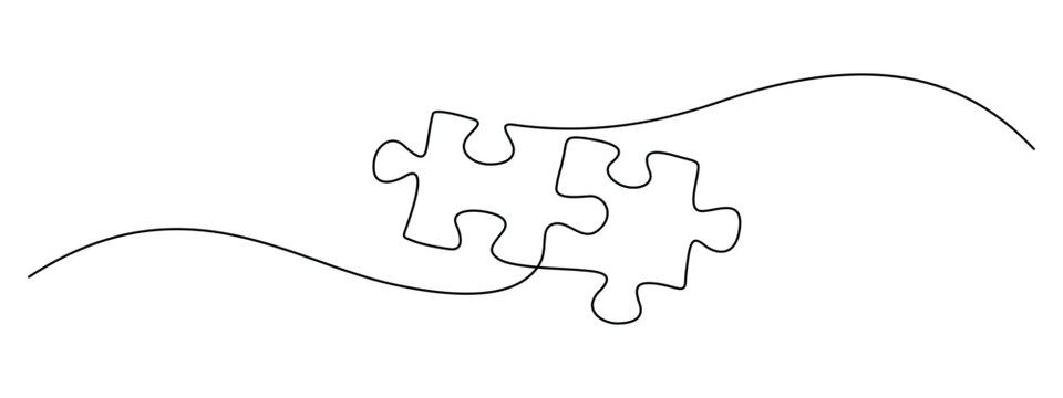 Puzzle in one continuous line drawing. Jigsaw with two piece is teamwork concept in simple linear style. Business and team symbol in in Editable stroke. Minimalistic vector illustration