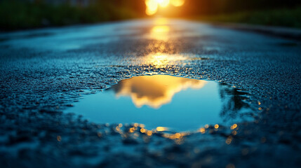 A small puddle on the ground reflects a vivid blue sky above, symbolizing optimism, clarity, and the promise of a brighter future despite humble or overlooked beginnings.

