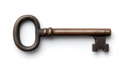 Antique key on white background, a vintage symbol of security and access