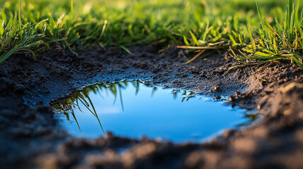 A small puddle on the ground reflects a vivid blue sky above, symbolizing optimism, clarity, and the promise of a brighter future despite humble or overlooked beginnings.

