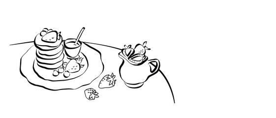 Hand drawn coquette breakfast doodles. Vintage cute symbols with la dolce vita aesthetic in simple crayon and sketch style. Trendy art for menus and wedding invitations. Outline vector illustration