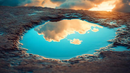 A small puddle on the ground reflects a vivid blue sky above, symbolizing optimism, clarity, and the promise of a brighter future despite humble or overlooked beginnings.

