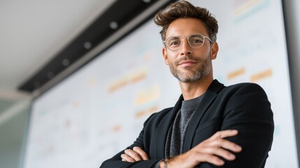 Fototapeta premium Businessman in suit and glasses giving a presentation at whiteboard in professional office setting
