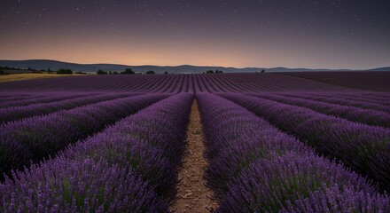 Fototapeta premium Vibrant Purple Lavender Field Under Starry Night Sky in Provence France Agriculture Landscape with Night Sky and Stars