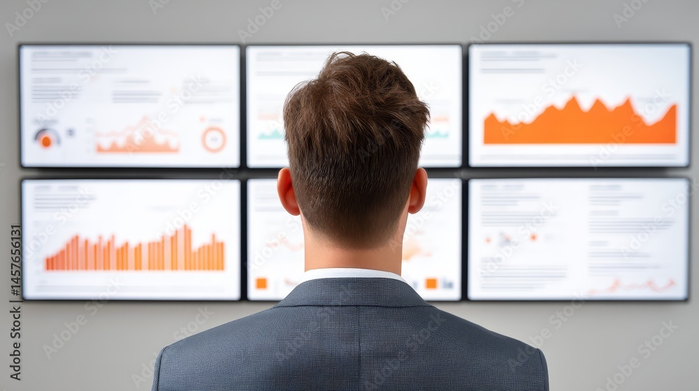 Poster man analyzing data visualized on a wall of screens, glimpse into modern technological interface and 