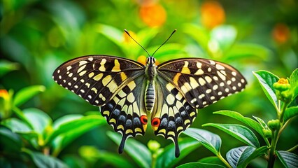 Naklejka premium Citrus Swallowtail Butterfly on Plant - Vibrant Nature Stock Photo