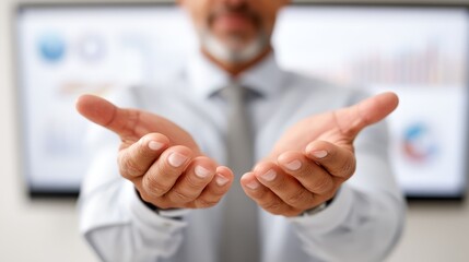 Man in white shirt extending hands in a welcoming or offering gesture