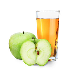 Tasty apple juice in glass and fresh fruits on white background