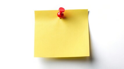 A yellow sticky note with a red pin stuck on it, on a bright white surface, isolated and focused , red pin