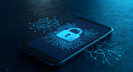 Smartphone Displaying Blue Digital Padlock on Dark Textured Surface with Circuit Patterns