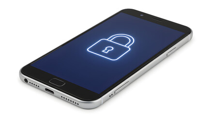 Smartphone Displaying Blue Padlock Symbol on Screen for Mobile Data Security and Protection on White Background