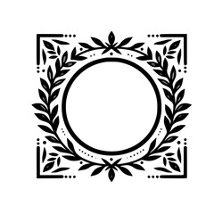 Elegant Black & White Floral Frame, Circle Center, Vector Illustration