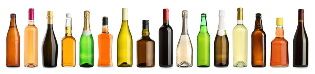 Bottles with different types of alcoholic drinks isolated on white, set
