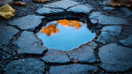 A small puddle on the ground reflects a vivid blue sky above, symbolizing optimism, clarity, and the promise of a brighter future despite humble or overlooked beginnings.

