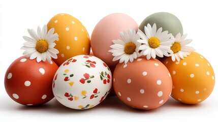 Colorful easter eggs decorated with fresh spring flowers, a festive centerpiece