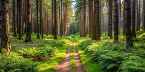 Fototapeta premium Winding forest path through tall pines, overgrown with ferns and wildflowers , ferns, winding road