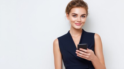 Naklejka premium Elegant woman in black dress connects using cell phone, fashion, technology and communication intersect.