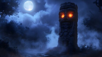 Ancient stone totem glows ominously under a full moon