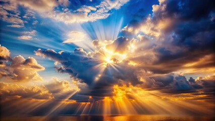 Fototapeta premium Cloudy sky with sun light beams breaking through, illuminating the horizon, peaceful, spiritual, peaceful
