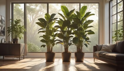 Fototapeta premium Large rubber plant in modern living room, sunlight streaming through window, natural light, plants