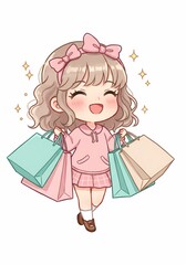 Fototapeta premium Delightful Chibi Shopper with Bags Gleaming, Radiating Happiness and Joyful Shopping Vibes, A Whimsical Image of Retail Therapy Enthusiasm, Expressing Consumerism