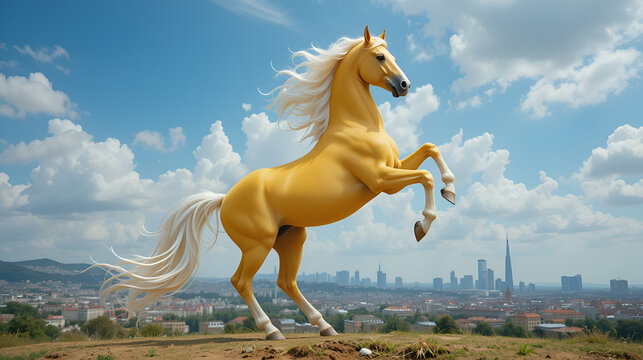 a beautiful horse dancing against the backdrop of a millionth city and sky, a yellow stallion with a white mane piaffe, strength and power embodied in a horse, a classical riding school in freedom
