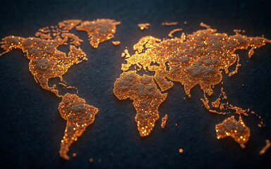 A glowing, textured world map, rendered in warm orange hues against a dark background.  The continents are formed from illuminated particles, suggesting connection and global reach.