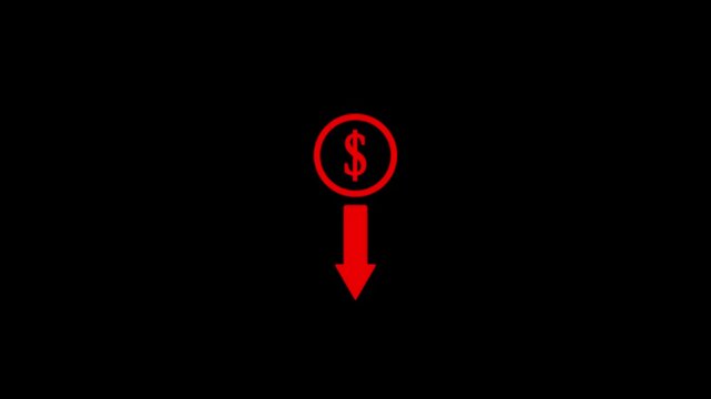 Money reduction icon. Dollar currency price drop concept. Money loss. Cash with down arrow stocks graph, concept of financial crisis, market fall.