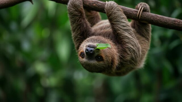 Cute sloth hanging upside down on tree branch chewing green leaf. Close up wildlife video of adorable sloth looking at camera and eating in rainforest jungle blurred background.