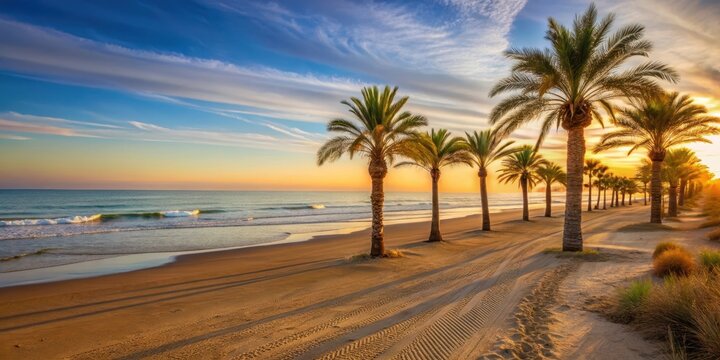 A tranquil beach at sunrise in Guardamar del Segura, with soft golden light casting across the sand and a few palm trees swaying gently in the breeze , palm tree, guardamar del segura
