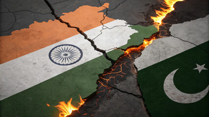 Map of India and Pakistan divided in half with cracks and fire emerging from division, conflict and war, AI