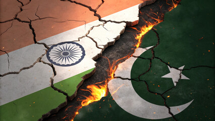 Map of India and Pakistan divided in half with cracks and fire emerging from division, conflict and war, AI