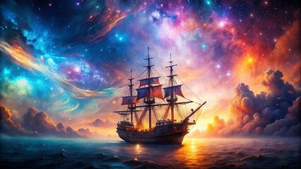 Obraz premium Cosmic Corsair: A Double Exposure of Pirate Ship and Nebula