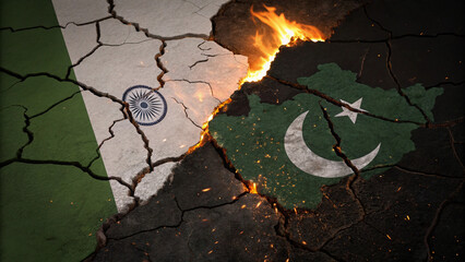 Map of india and pakistan cracked and on fire, border conflict and military war, AI