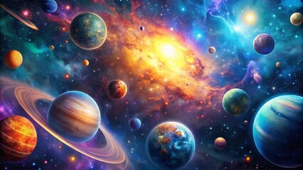 Naklejka premium Cosmic Planets Double Exposure Repeat Pattern: Celestial Textile Design