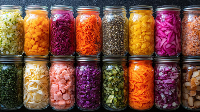 A vibrant collection of assorted fermented foods in clear glass jars, showcasing colorful fruits and vegetables symbolizing gut health, natural preservation, and probiotic rich nutrition.

