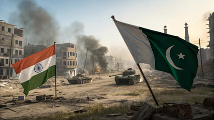 Flag of India and Pakistan, in the background war scenario, conflict, enemies, war, borders, AI