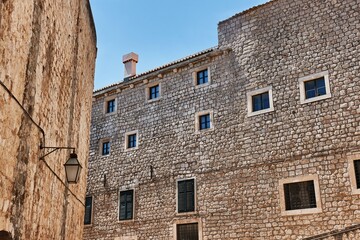 Dubrovnik historic town center buildings, white stone walls