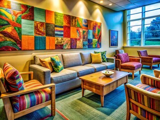 Cozy College Common Room: Colorful Art & Comfortable Seating - Macro Stock Photo