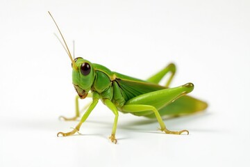 A single green grasshopper isolated on pure white, clean, bug