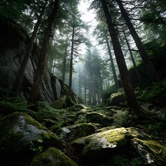 Obraz premium Old-growth forest with towering trees, moss-covered rocks, and sunlight peeking through the canopy, untouched nature
