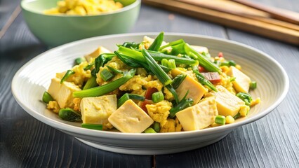 Sliced tofu and scrambled egg stir fry with Chinese greens on a simple white plate, garnished with sliced scallions and served in a steaming hot bowl , stir fry, vegetable dish