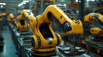 Fototapeta premium Industrial Robotic Arm Assembly Line: Advanced Manufacturing Technology